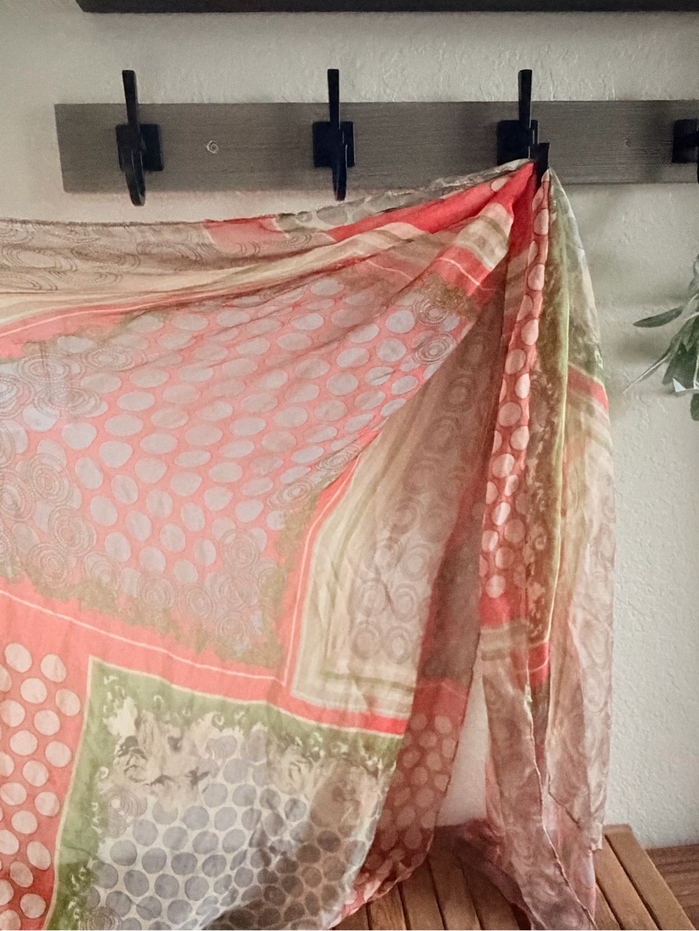 Lightweight Boho Shawl • Coral Green & Gray Print Scarf •Oversized Wrap - Picture 3 of 8